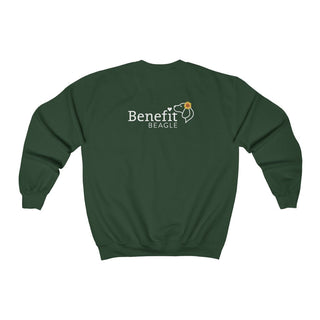 You are my Sunshine Unisex Crewneck Sweatshirt in Forest Green. Shown is back of shirt featuring the Sunflower Benefit Beagle Logo. The front showcases a sunflower which is split down the middle and half is made out of paw prints. Underneath is the phrase "You are my Sunshine".