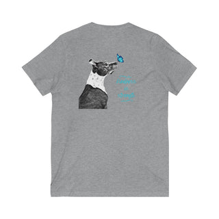 Lincoln Butterfly Unisex V-Neck Tee in Athletic Heather. Shown is back of shirt design showcasing profile of a dog with a blue butterfly on its nose and the phrase "Kindness is Strength" next to it. The front of shirt has Benefit Beagle Logo kissed by a Butterfly.