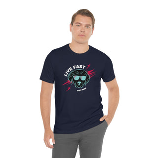 Play Hard Unisex Jersey Short Sleeve Tee Shirt in Navy. The design features a cool dog with sunglasses and lightening bolts around it. The phrase "Live Fast, Play Hard" is around the design.