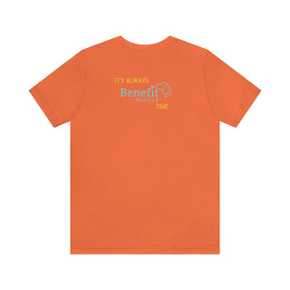 Beagle-Thirty Bottles Unisex Jersey Short Sleeve Tee in Orange. Shown is back of shirt featuring "Beagle-Thirty" Benefit Beagle Logo. The front Showcases Two Paw Labeled Bottles clinking with, "It's Beagle-Thirty" written next to it.