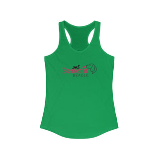 Meow Women's Racerback Tank in Irish Green. Shown is front of shirt with the Benefit Beagle Logo featuring a peeping cat. The back showcases a wide eyed black cartoon cat with the phrase "Chatty Cat" above it.