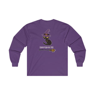 Witchy Cat Unisex Ultra Cotton Long Sleeve Tee. Back side shown in Purple with Wide Eyed Cartoon Cat wearing Purple Hat Standing over Broom. "Crossing Paths Since 1692". On the front of shirt is similar Witchy Benefit Beagle Logo. Purrfect for Halloween, or anytime!