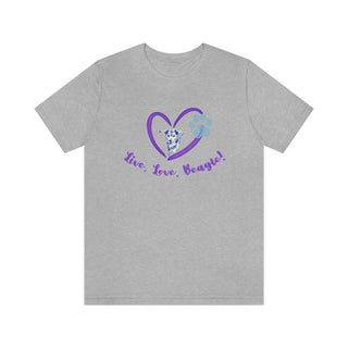 Live, Love, Beagle Unisex Jersey Short Sleeve Tee in Athletic Heather. The Live, Love, Beagle design features a dog running through a heart with the phrase "Live, Love, Beagle!" under it.