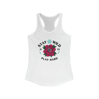 Stay Wild Women's Ideal Racerback Tank in White. The Stay Wild Design features a tattoo style rose with the phrase "Stay Wild, Play Hard" around it.  The back of shirt features the Stay Wild Benefit Beagle Logo Design.