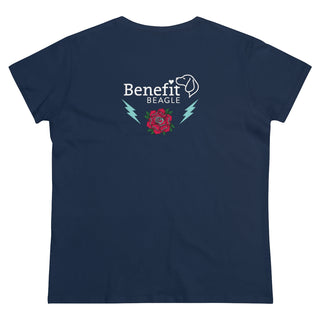 Stay Wild Women's Midweight Cotton Tee in Navy. Shown is the back of shirt with Benefit Beagle Logo complete with Tattoo Rose. On front of shirt is Stay Wild Design featuring a tattoo style rose with the phrase "Stay Wild, Play Hard" around it.