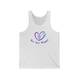 Live, Love, Beagle Unisex Jersey Tank in White. The Live, Love, Beagle design features a dog running through a heart with the phrase "Live, Love, Beagle!" under it.