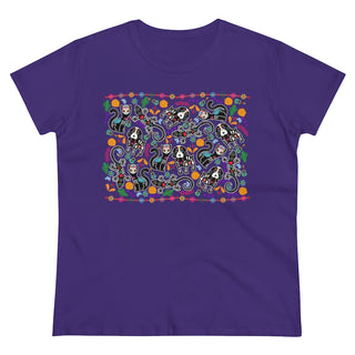 Dia De Los Muertos Women's Midweight Cotton Tee Shirt in Purple. Shown is the front of shirt featuring print of dogs and cats with Dia de los Muertos traditional decorations. On the back is a similar Benefit Beagle Logo.