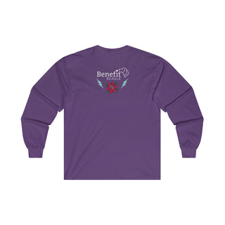 Stay Wild Ultra Cotton Long Sleeve Tee in Purple.   Shown is the back of shirt with Benefit Beagle Logo complete with Tattoo Rose. On front of shirt is Stay Wild Design featuring a tattoo style rose with the phrase "Stay Wild, Play Hard" around it.