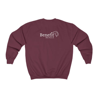 Signature Tattoo Flowers Crewneck Sweatshirt in Maroon. Shown is back of shirt with the Benefit Beagle Logo. Front of shirt has the Signature Tattoo Flowers design featuring a dog with flowers around it and the phrase "Beagletude" and "Nothing is Impawssible".