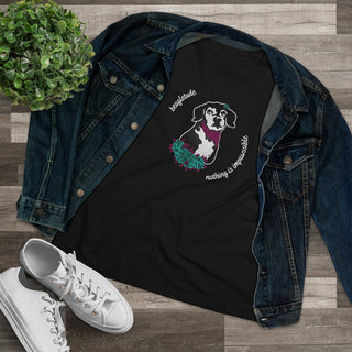 Signature Tattoo Roses Women's Premium Tee in Black. Shown is front of shirt with the Signature Tattoo Roses design featuring a dog with roses around it and the phrase "Beagletude" and "Nothing is Impawssible". Back of shirt features the Benefit Beagle Logo.