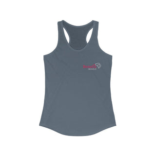 Different Pawspective Women's Racerback Tank in Indigo. Shown is front of shirt with Benefit Beagle logo in the top corner . On the back is large colorful pawprint with the the phrase "Life is all about finding the beauty in a different pawspective" circled around it.