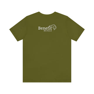 Easily Distracted Unisex Jersey Short Sleeve Tee in Olive. Shown is back design with the classic Benefit Beagle Logo. The front design features a dog waving with the saying "Easily Distracted by Dogs" below it.