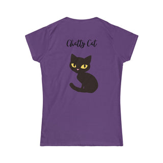 Meow Women's Softstyle Tee in Purple. Shown is back showcasing a wide eyed black cartoon cat with the phrase "Chatty Cat" above it. On front of shirt is the Benefit Beagle Logo featuring a peeping cat.