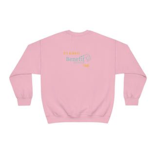 Beagle-Thirty Bottles Unisex Heavy Blend Crewneck Sweatshirt in Light Pink. Shown is back of shirt featuring "Beagle-Thirty" Benefit Beagle Logo. The front Showcases Two Paw Labeled Bottles clinking with, "It's Beagle-Thirty" written next to it.