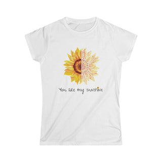 You are my Sunshine Women's Softstyle Tee in White. Shown is the front showcasing a sunflower which is split down the middle and half is made out of paw prints. Underneath is the phrase "You are my Sunshine" . Back of shirt features the Sunflower Benefit Beagle Logo.