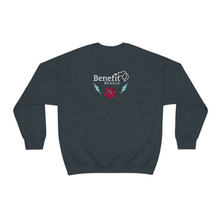 Stay Wild Unisex Heavy Blend Crewneck Sweatshirt in Dark Grey Heather.  Shown is the back of shirt with Benefit Beagle Logo complete with Tattoo Rose. On front of shirt is Stay Wild Design featuring a tattoo style rose with the phrase "Stay Wild, Play Hard" around it.