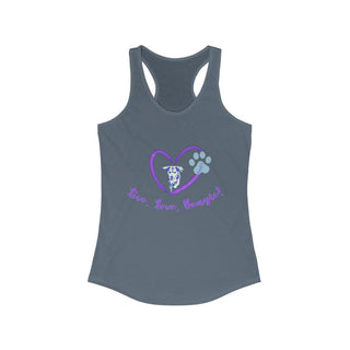 Live, Love, Beagle Women's Ideal Racerback Tank in Indigo. The Live, Love, Beagle design features a dog running through a heart with the phrase "Live, Love, Beagle!" under it.