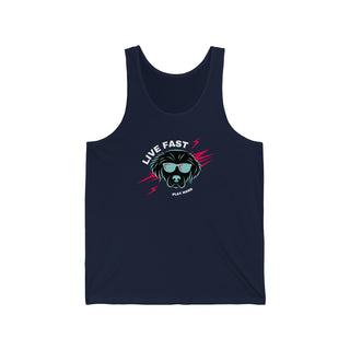 Play Hard Unisex Jersey Tank in Navy. The design features a cool dog with sunglasses and lightening bolts around it. The phrase "Live Fast, Play Hard" is around the design.