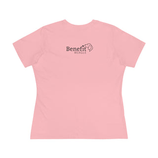 Easily Distracted Premium Tee in Pink. Shown is back design with the classic Benefit Beagle Logo. The front design features a dog waving with the saying "Easily Distracted by Dogs" below it.