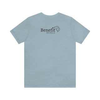 Easily Distracted Unisex Jersey Short Sleeve Tee in Light Blue. Shown is back design with the classic Benefit Beagle Logo. The front design features a dog waving with the saying "Easily Distracted by Dogs" below it.