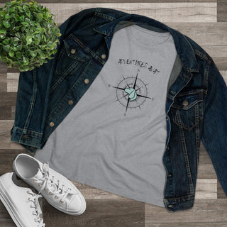 Adventures Await Women's Premium Tee in Athletic Heather. The front of shirt features the Adventures Await design with a dog inside a nautical compass and the words "Adventures Await" above it. The back of the shirt has similar Benefit Beagle Logo.