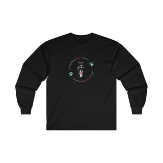 Dog Hair is my Glitter Long Sleeve Tee in Black. The Dog Hair is my Glitter design features a dog with the phrase "Dog Hair is my Glitter" above it and it is surrounded by a circle with paw prints.