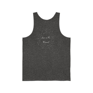 Live in the Moment Unisex Jersey Tank in Charcoal Black Triblend. The Live in the Moment design features a graphic on the back with the phrase "Live in the Moment" surrounded by shooting stars.