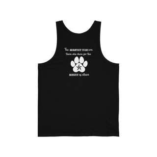 Brightest Star unisex Jersey Tank in Black. The Brightest Star design features a design on the back with the phrase "The brightest stars are those who shine for the benefit of others" with a pawprint and a nautical star.