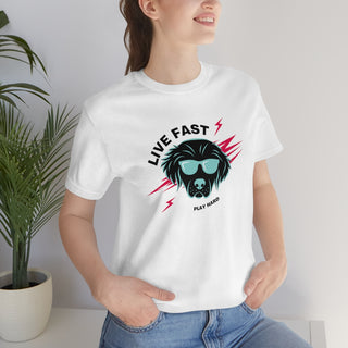 Play Hard Unisex Jersey Short Sleeve Tee Shirt in White. The design features a cool dog with sunglasses and lightening bolts around it. The phrase "Live Fast, Play Hard" is around the design.