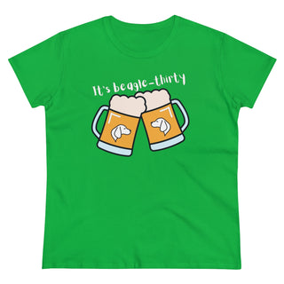 Beagle-Thirty Mugs Women's Midweight Cotton Tee in Irish Green. The front of shirt showcases Two Dog Adorned Mugs clinking with the saying, "It's Beagle-Thirty" above it. Back of shirt features corresponding Benefit Beagle Logo.