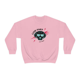 Play Hard Unisex Heavy Blend Crewneck Sweatshirt in Pink. The design features a cool dog with sunglasses and lightening bolts around it. The phrase "Live Fast, Play Hard" is around the design.