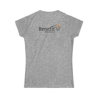 You are my Sunshine Women's Softstyle Tee in Sport Grey. Shown is back of shirt featuring the Sunflower Benefit Beagle Logo. The front showcases a sunflower which is split down the middle and half is made out of paw prints. Underneath is the phrase "You are my Sunshine".