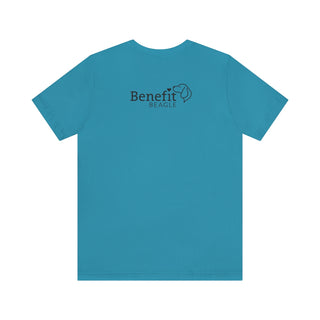 Easily Distracted Unisex Jersey Short Sleeve Tee in Aqua. Shown is back design with the classic Benefit Beagle Logo. The front design features a dog waving with the saying "Easily Distracted by Dogs" below it.