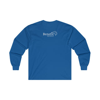 Easily Distracted Ultra Cotton Long Sleeve Tee in Royal. Shown is back design with the classic Benefit Beagle Logo. The front design features a dog waving with the saying "Easily Distracted by Dogs" below it.