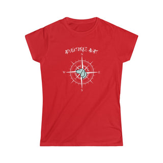 Adventures Await Women's Softstyle Tee in Red. The front of shirt features the Adventures Await design with a dog inside a nautical compass and the words "Adventures Await" above it. The back of the shirt has similar Benefit Beagle Logo.