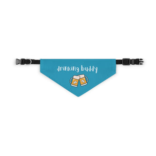 Beagle-Thirty Mugs Dog Collar Bandana in Blue. The Beagle-Thirty Mugs design features two dog adorned mugs clinking with the saying "Drinking buddy" above it. Comes with adjustable black collar.