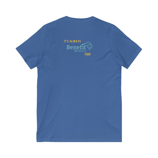 Beagle-Thirty Bottles Unisex Jersey Short Sleeve V-Neck Tee in True Royal. Shown is back of shirt featuring "Beagle-Thirty" Benefit Beagle Logo. The front Showcases Two Paw Labeled Bottles clinking with, "It's Beagle-Thirty" written next to it.