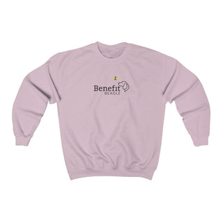 Bee Pawsitive Unisex Crewneck Sweatshirt in Light Pink. The front of shirt features the Bee Pawsitive Benefit Beagle Logo. The back of shirt showcases a dog dressed as a bee in a field of sunflowers with "Bee Pawsitive" written above.