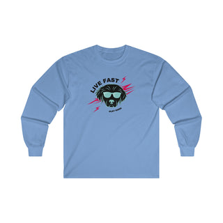 Play Hard Ultra Long Sleeve Tee in Carolina Blue. The design features a cool dog with sunglasses and lightening bolts around it. The phrase "Live Fast, Play Hard" is around the design.