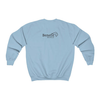 Signature Tattoo Roses Crewneck Sweatshirt in Light Blue. Shown is back of shirt with the Benefit Beagle Logo. Front of shirt has the Signature Tattoo Roses design featuring a dog with roses around it and the phrase "Beagletude" and "Nothing is Impawssible".