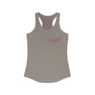 Different Pawspective Women's Racerback Tank in Warm Grey. Shown is front of shirt with Benefit Beagle logo in the top corner . On the back is large colorful pawprint with the the phrase "Life is all about finding the beauty in a different pawspective" circled around it.