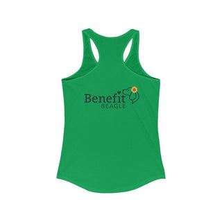 You are my Sunshine Women's Racerback Tank in Kelly Green. Shown is back of shirt featuring the Sunflower Benefit Beagle Logo. The front showcases a sunflower which is split down the middle and half is made out of paw prints. Underneath is the phrase "You are my Sunshine".