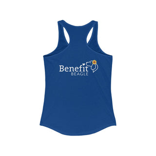 You are my Sunshine Women's Racerback Tank in Royal. Shown is back of shirt featuring the Sunflower Benefit Beagle Logo. The front showcases a sunflower which is split down the middle and half is made out of paw prints. Underneath is the phrase "You are my Sunshine".