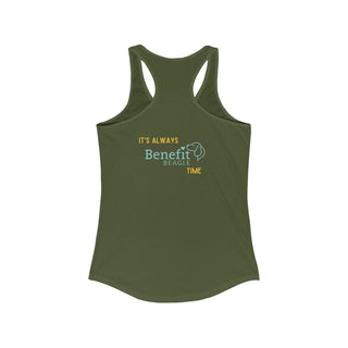 Beagle-Thirty Bottles Women's Racerback Tank in Military Green. Shown is back of shirt featuring "Beagle-Thirty" Benefit Beagle Logo. The front Showcases Two Paw Labeled Bottles clinking with, "It's Beagle-Thirty" written next to it.