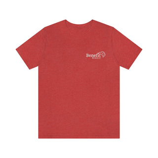 Live in the Moment Unisex Short Sleeve Tee in Heather Red. The Live in the Moment design features the Benefit Beagle logo in the top corner of the garment.