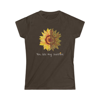 You are my Sunshine Women's Softstyle Tee in Dark Chocolate. Shown is the front showcasing a sunflower which is split down the middle and half is made out of paw prints. Underneath is the phrase "You are my Sunshine" . Back of shirt features the Sunflower Benefit Beagle Logo.