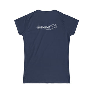 Adventures Await Women's Softstyle Tee in Navy. Shown is the back of shirt with a Nautical Compass Benefit Beagle Logo. The front of shirt features the Adventures Await design with a dog inside a nautical compass and the words "Adventures Await" above it.