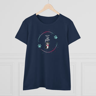 Dog Hair is my Glitter Women's Midweight Cotton Tee in Navy. The Dog Hair is my Glitter design features a dog with the phrase "Dog Hair is my Glitter" above it and it is surrounded by a circle with paw prints.