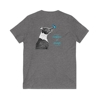 Lincoln Butterfly Unisex V-Neck Tee in Deep Heather. Shown is back of shirt design showcasing profile of a dog with a blue butterfly on its nose and the phrase "Kindness is Strength" next to it. The front of shirt has Benefit Beagle Logo kissed by a Butterfly.