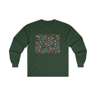 Dia De Los Muertos Unisex Ultra Cotton Long Sleeve Tee Shirt in Forest Green. Shown is the front of shirt featuring print of dogs and cats with Dia de los Muertos traditional decorations. On the back is a similar Benefit Beagle Logo.